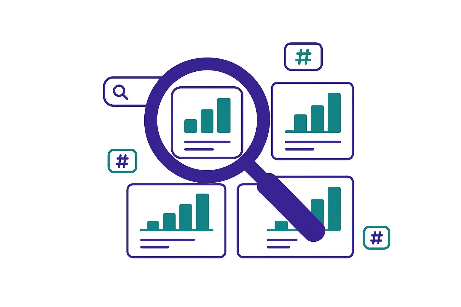 Collection de prompts SEO avec icônes de recherche et graphiques de classement