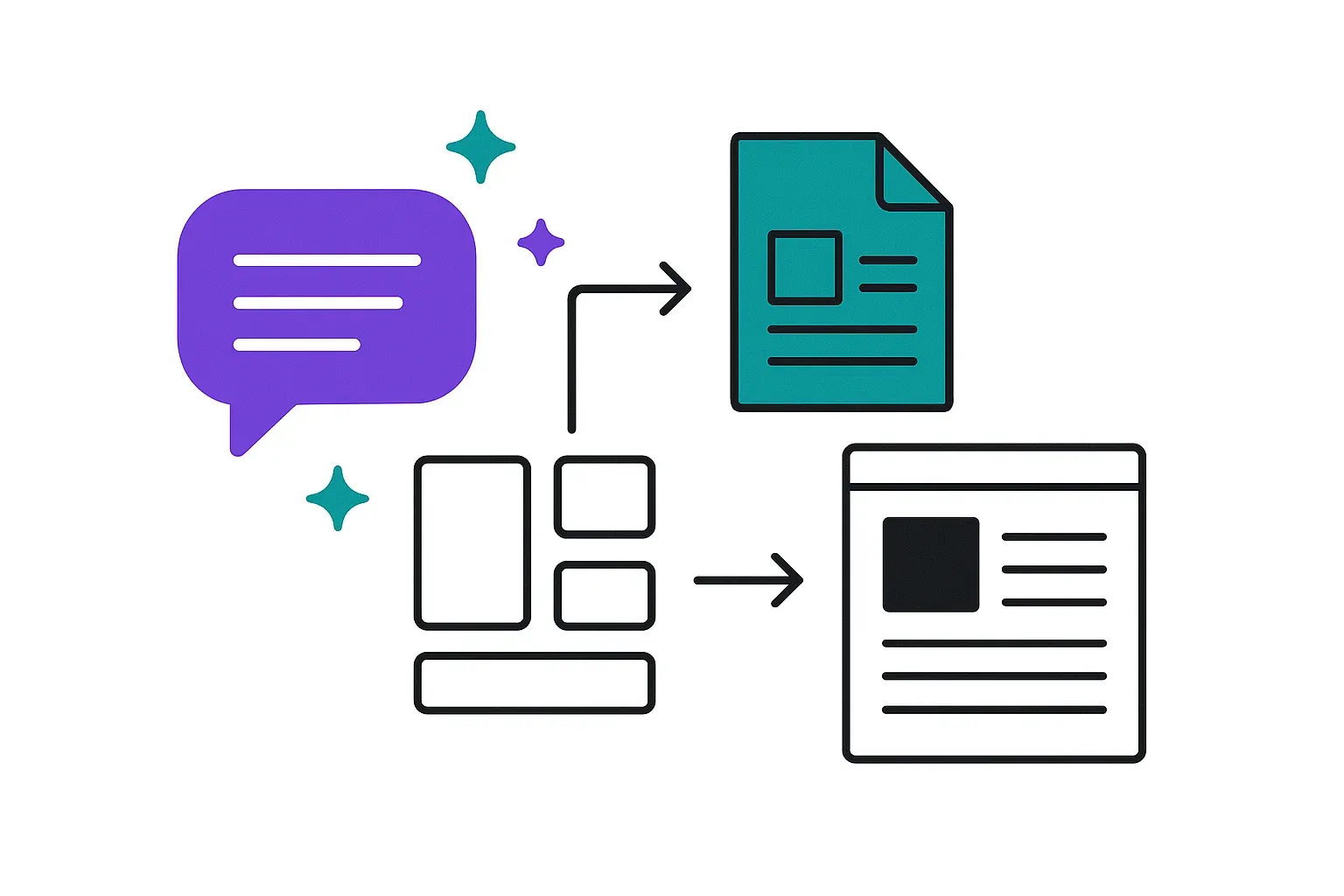 Bulles de dialogue, document et étincelles représentant la création de contenu avec ChatGPT