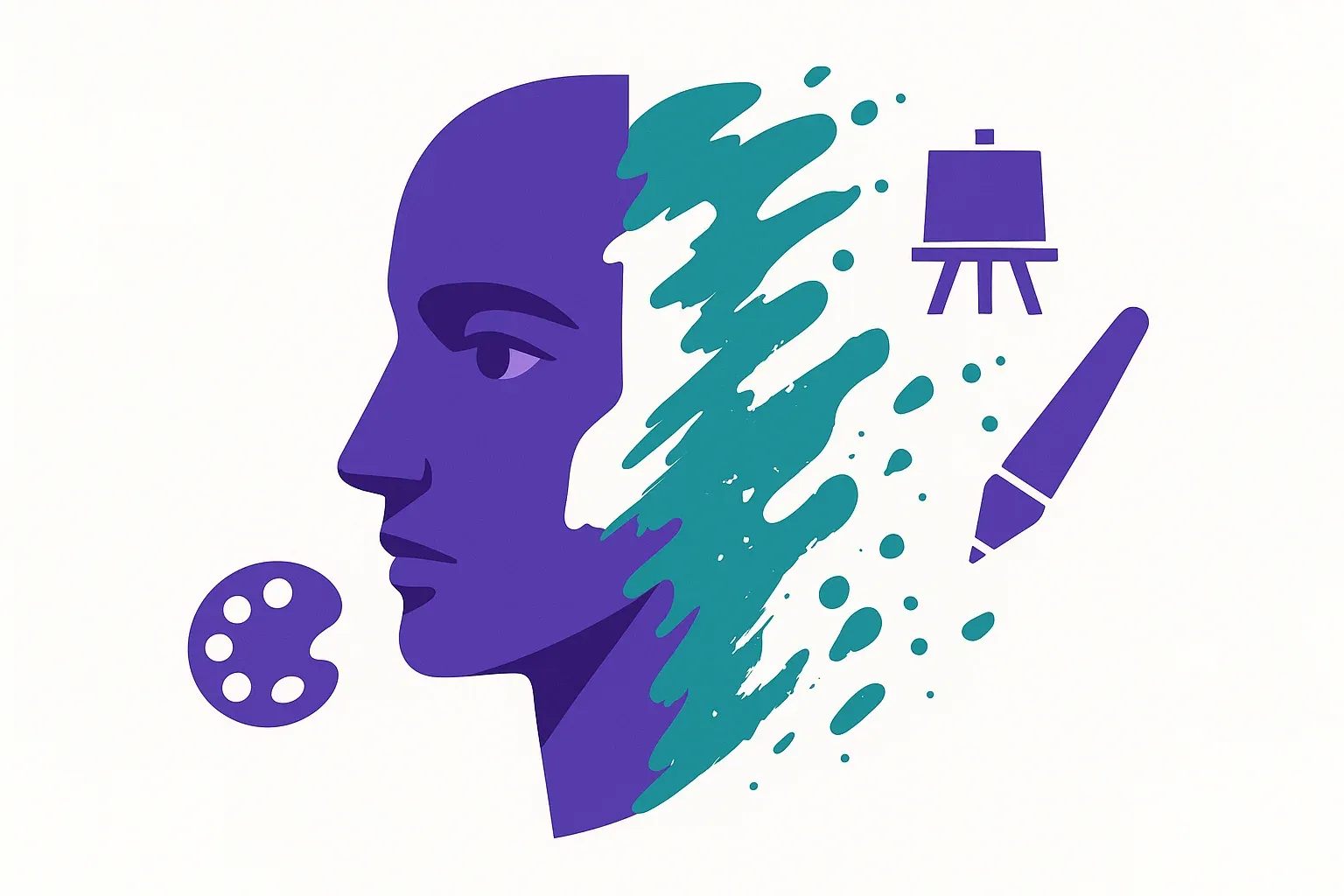 Visage géométrique en violet se dissolvant en éclaboussures abstraites, concept de portrait artistique IA