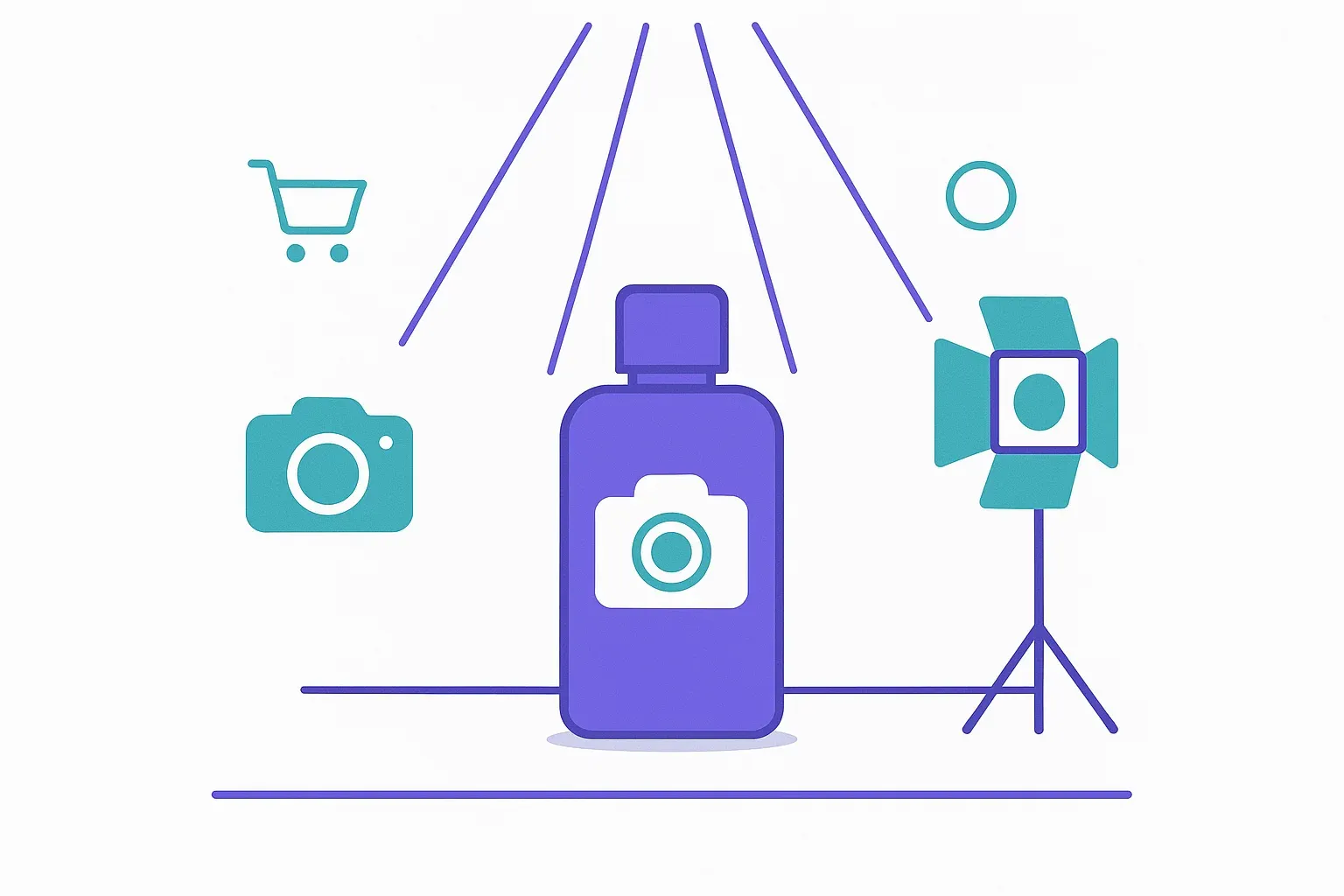 Bouteille produit stylisée avec icônes caméra et éclairage studio, concept mockup e-commerce IA